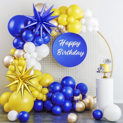 Royal Blue Yellow White Balloon Arch Kit with 4D Foil Star Balloons – 109 Piece Party Garland for Graduation, Baby Shower, Birthday