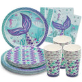 Royal Bluebonnet Mermaid Party Plates – 24 Sets of Purple & Teal Paper Plates, Napkins, and Cups for Under the Sea Birthday Decorations