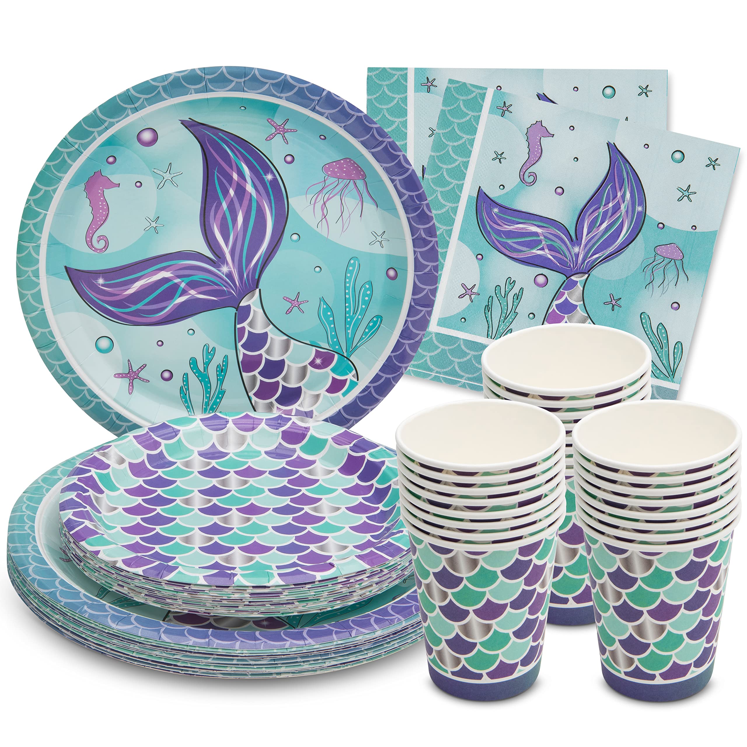 Royal Bluebonnet Mermaid Party Plates – 24 Sets of Purple & Teal Paper Plates, Napkins, and Cups for Under the Sea Birthday Decorations