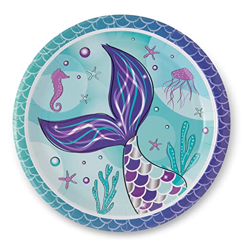 Royal Bluebonnet Mermaid Party Plates – 24 Sets of Purple & Teal Paper Plates, Napkins, and Cups for Under the Sea Birthday Decorations