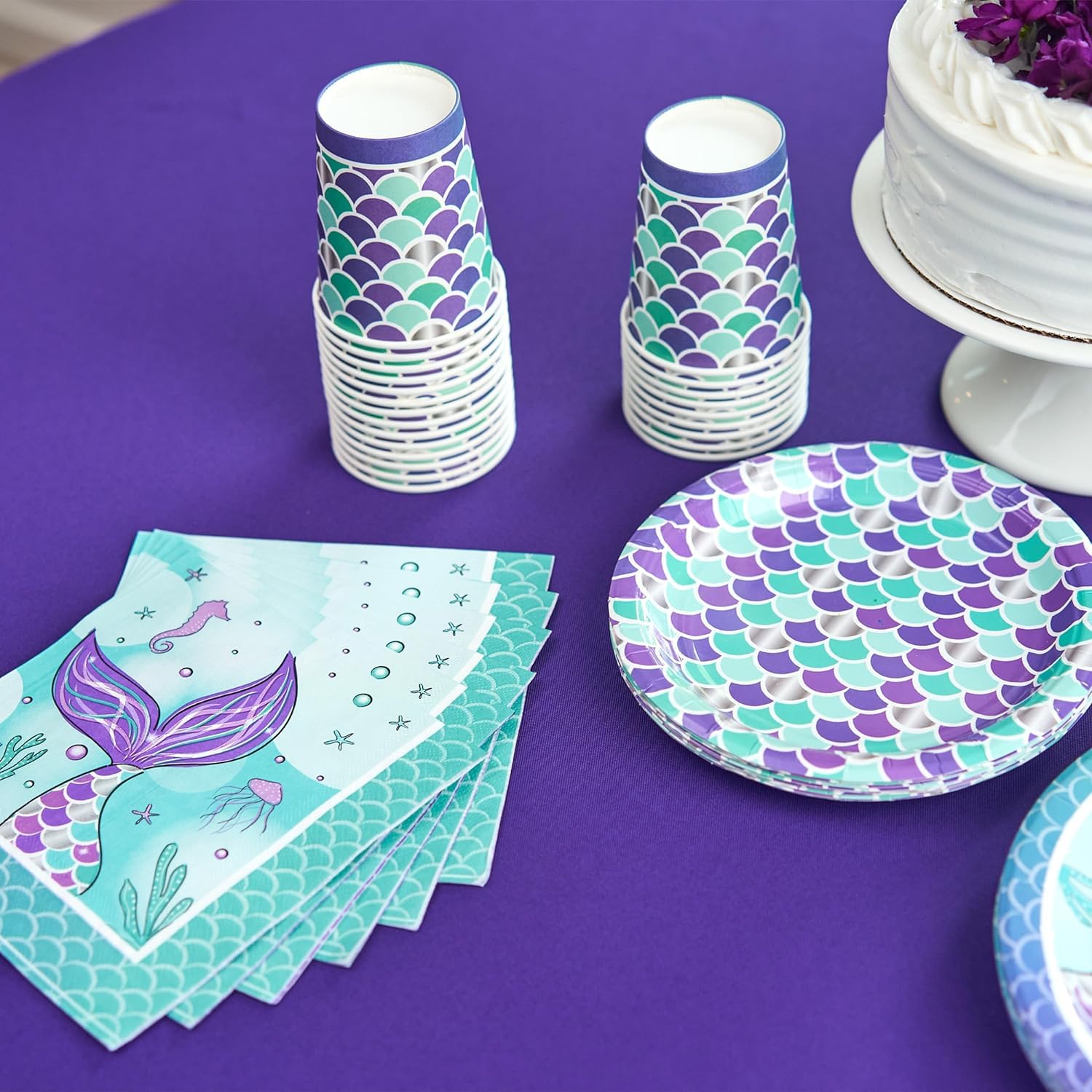Royal Bluebonnet Mermaid Party Plates – 24 Sets of Purple & Teal Paper Plates, Napkins, and Cups for Under the Sea Birthday Decorations