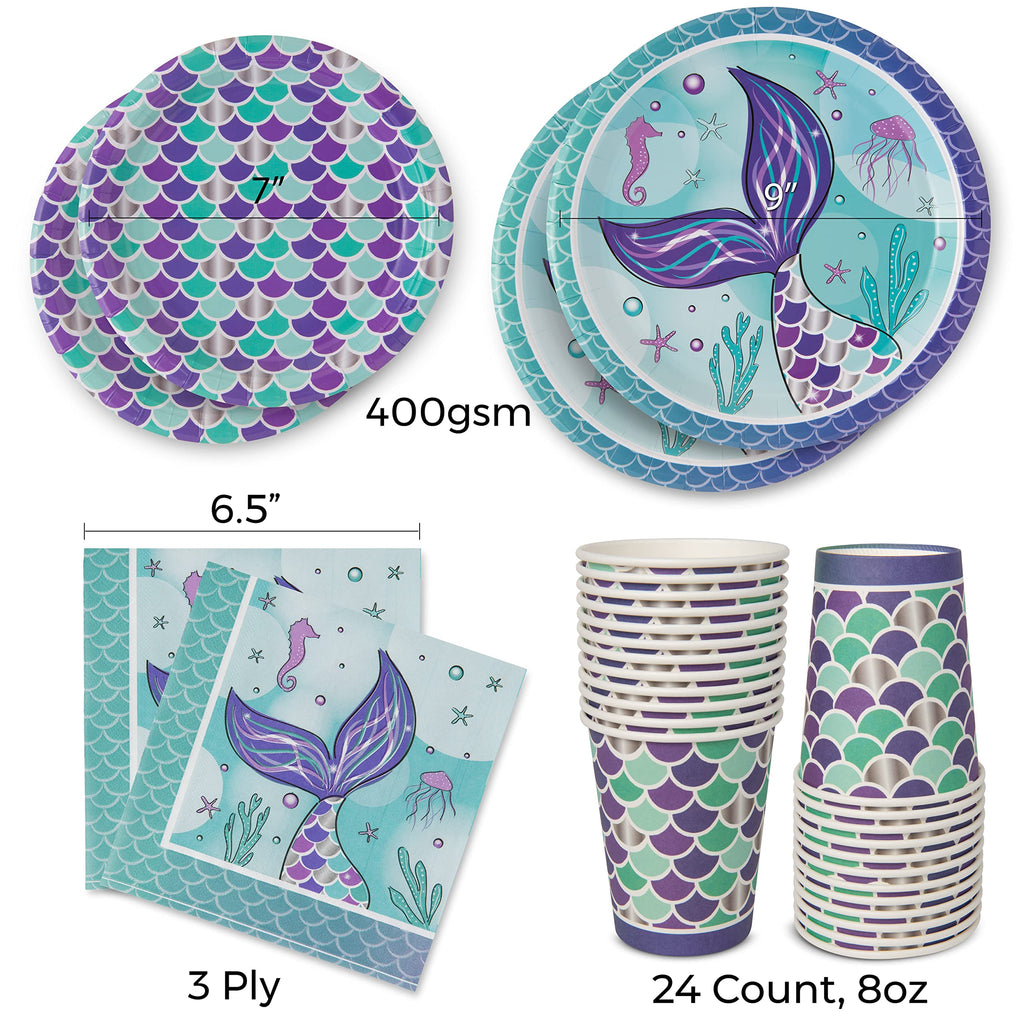 Royal Bluebonnet Mermaid Party Plates – 24 Sets of Purple & Teal Paper Plates, Napkins, and Cups for Under the Sea Birthday Decorations