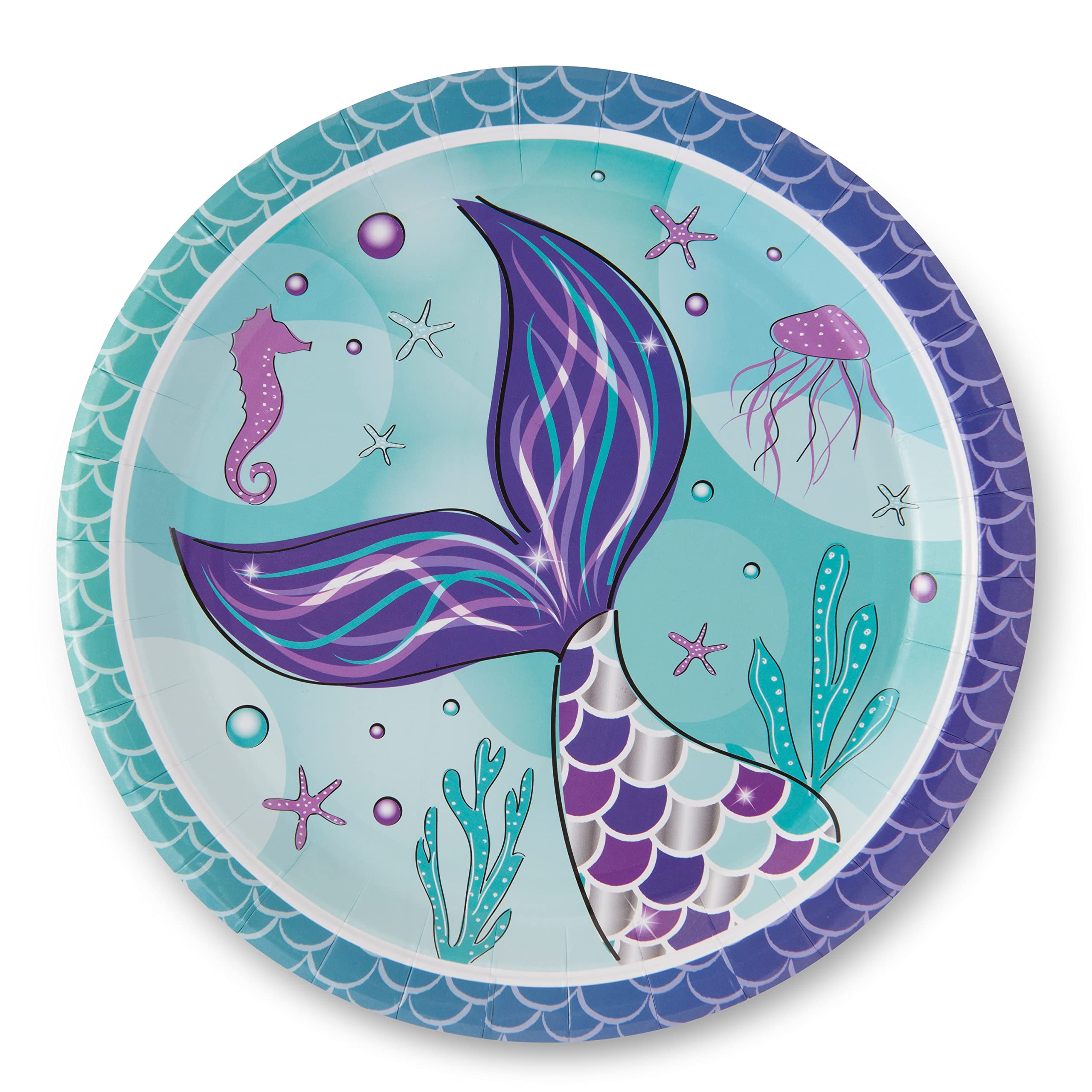 Royal Bluebonnet Mermaid Party Plates – 24 Sets of Purple & Teal Paper Plates, Napkins, and Cups for Under the Sea Birthday Decorations