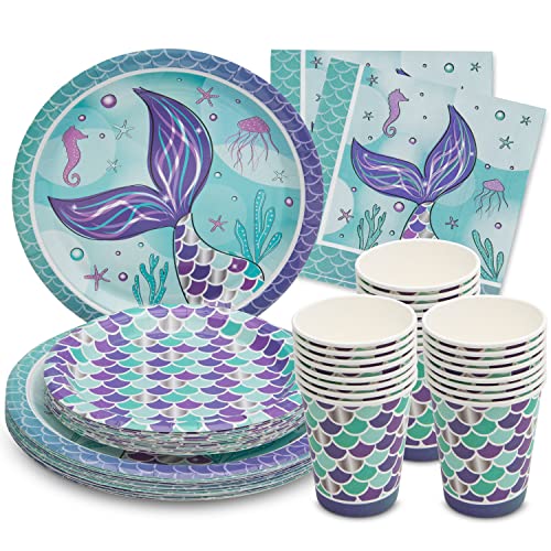 Royal Bluebonnet Mermaid Party Plates – 24 Sets of Purple & Teal Paper Plates, Napkins, and Cups for Under the Sea Birthday Decorations