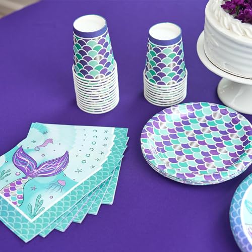 Royal Bluebonnet Mermaid Party Plates – 24 Sets of Purple & Teal Paper Plates, Napkins, and Cups for Under the Sea Birthday Decorations