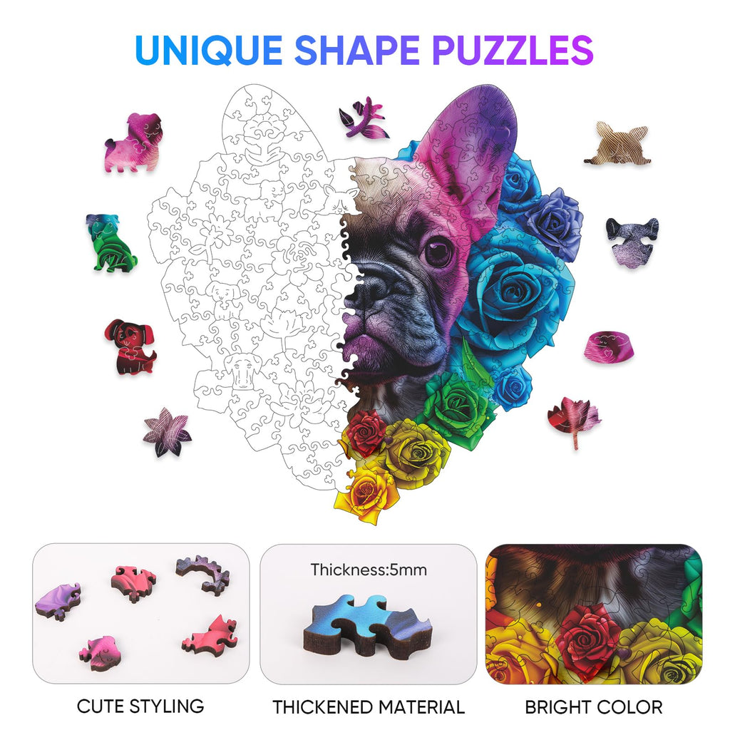 Ruikiyart 200-Piece Bulldog Wooden Puzzle – Unique Shapes, Hand-Painted, 11.2x11.3 Inches