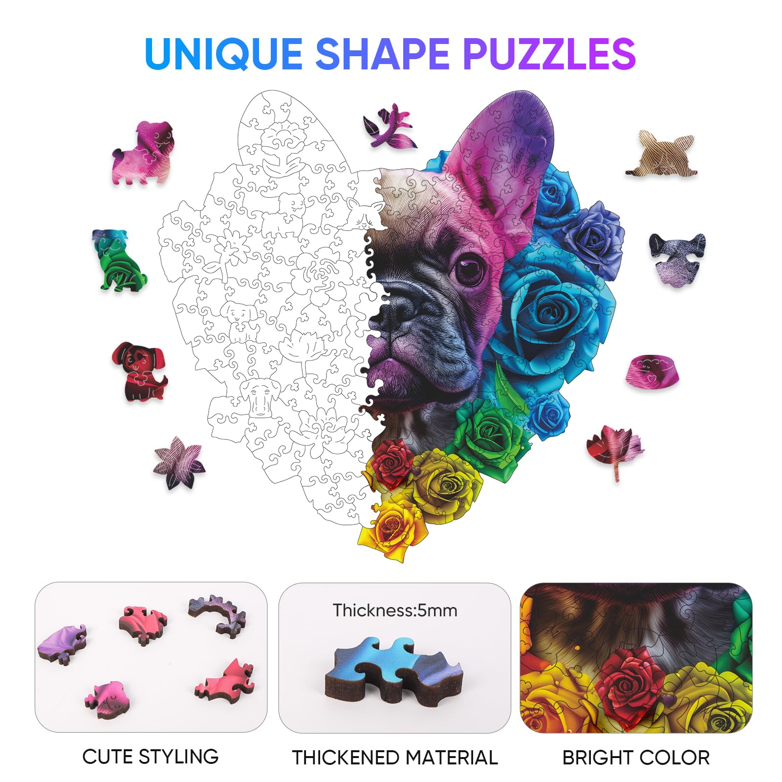 Ruikiyart 200-Piece Bulldog Wooden Puzzle – Unique Shapes, Hand-Painted, 11.2x11.3 Inches
