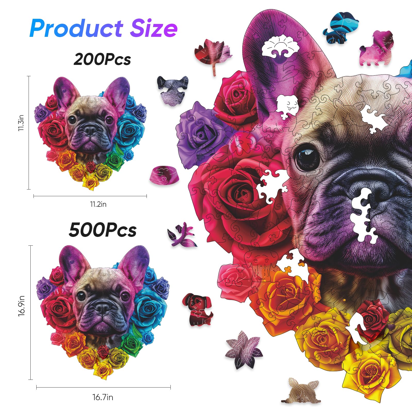 Ruikiyart 200-Piece Bulldog Wooden Puzzle – Unique Shapes, Hand-Painted, 11.2x11.3 Inches