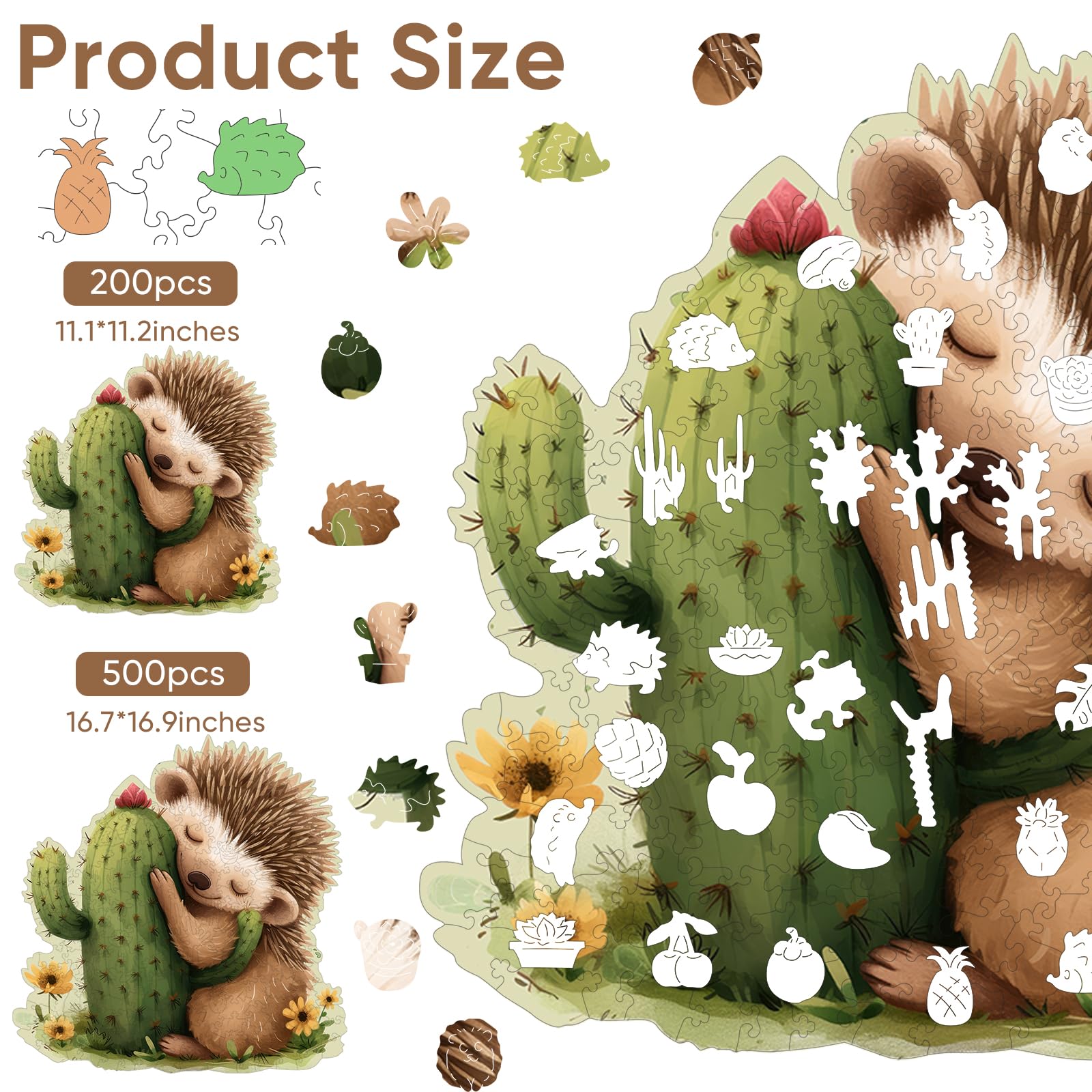 Ruikiyart 200-Piece Wooden Jigsaw Puzzle – Hedgehog Cactus Unique Shapes, 11.1" x 11.2"