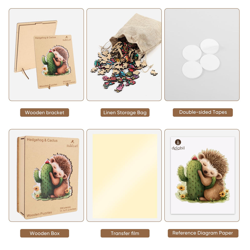 Ruikiyart 200-Piece Wooden Jigsaw Puzzle – Hedgehog Cactus Unique Shapes, 11.1" x 11.2"