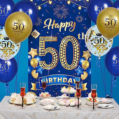 Rumia 50th Birthday Decorations: Navy Blue Gold Banner & 18 Balloons Set