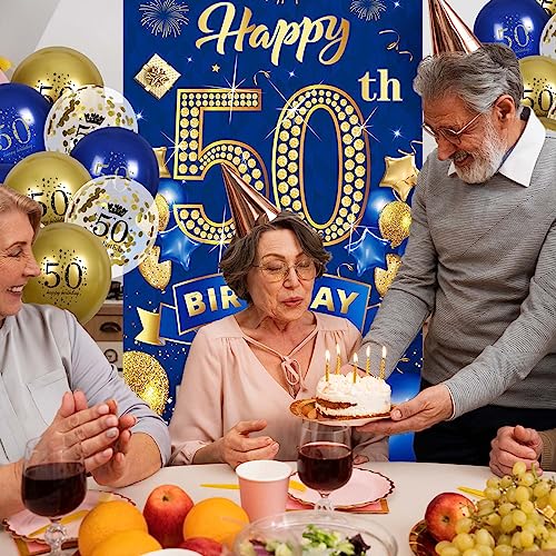 Rumia 50th Birthday Decorations: Navy Blue Gold Banner & 18 Balloons Set