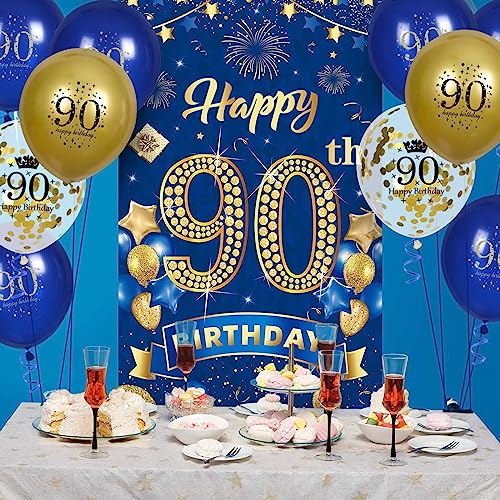 Rumia Navy Blue & Gold 90th Birthday Banner with 18 Balloons Set