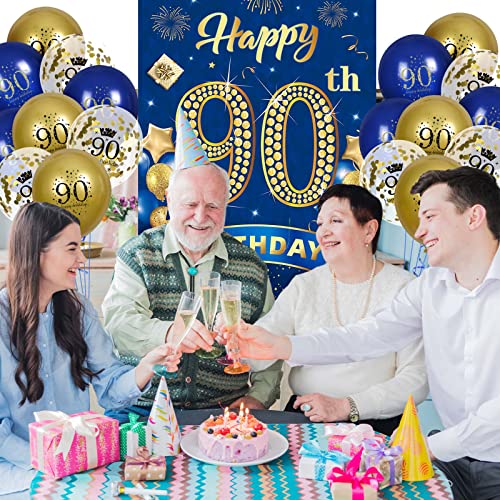 Rumia Navy Blue & Gold 90th Birthday Banner with 18 Balloons Set