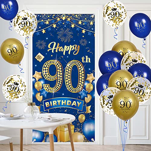 Rumia Navy Blue & Gold 90th Birthday Banner with 18 Balloons Set