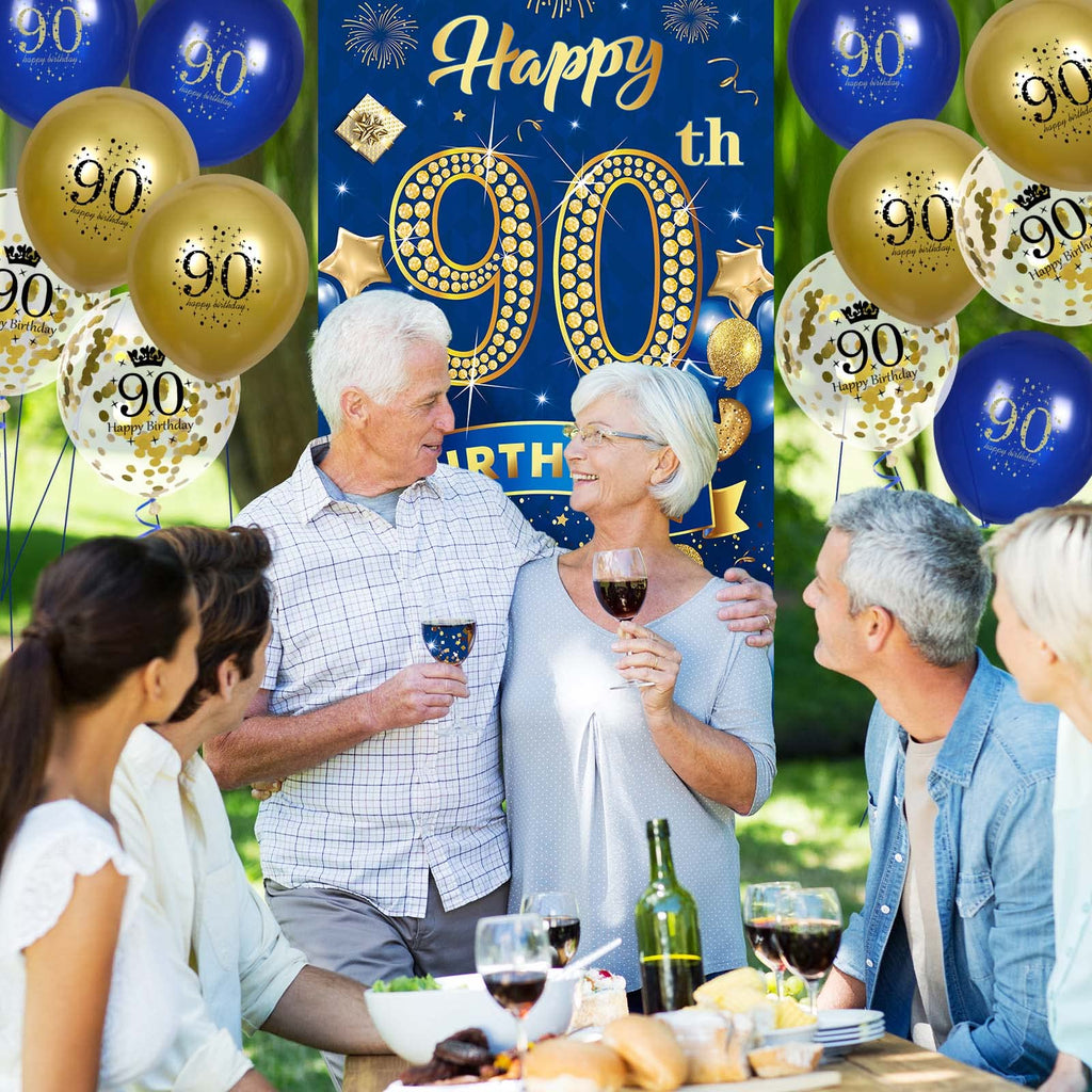 Rumia Navy Blue & Gold 90th Birthday Banner with 18 Balloons Set