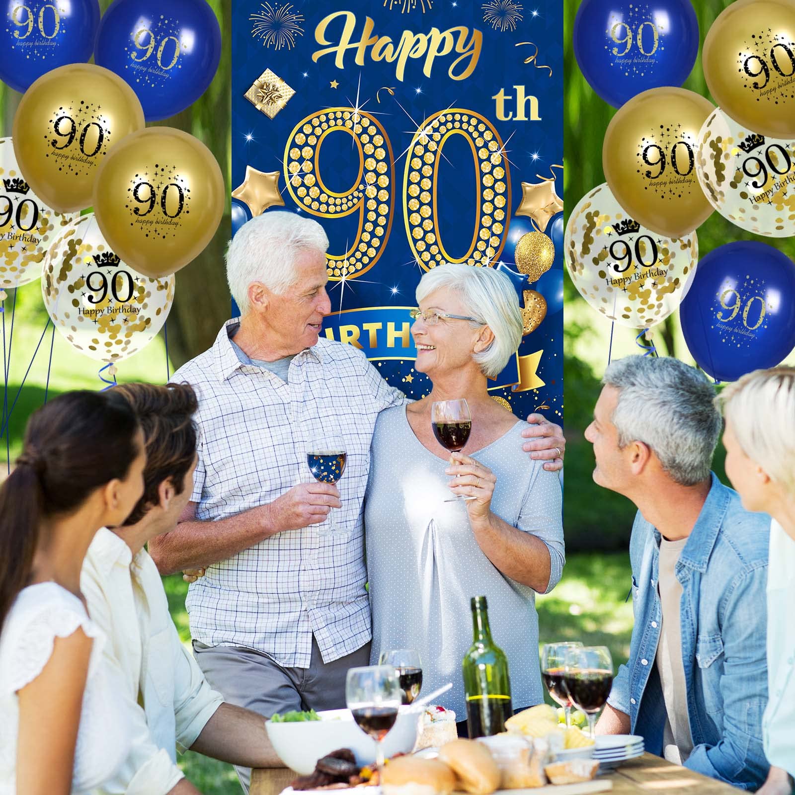 Rumia Navy Blue & Gold 90th Birthday Banner with 18 Balloons Set