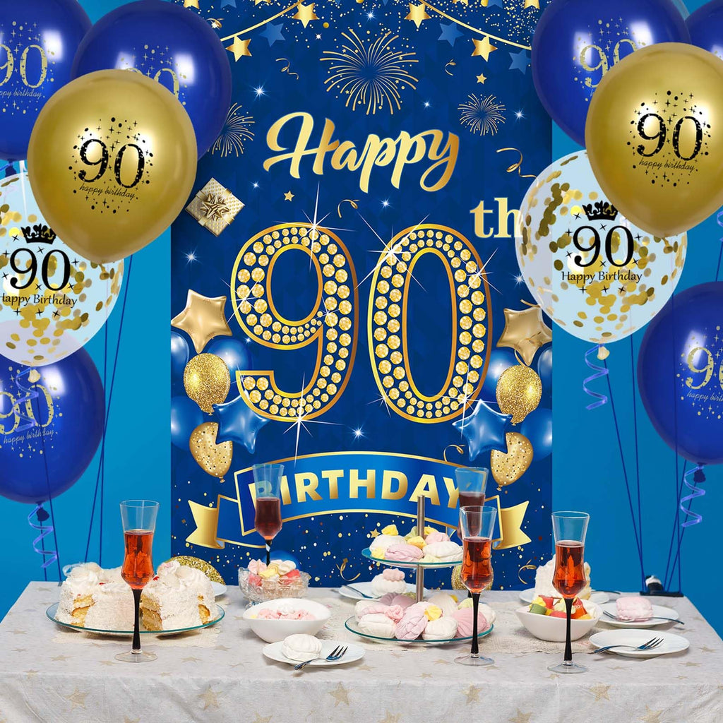 Rumia Navy Blue & Gold 90th Birthday Banner with 18 Balloons Set
