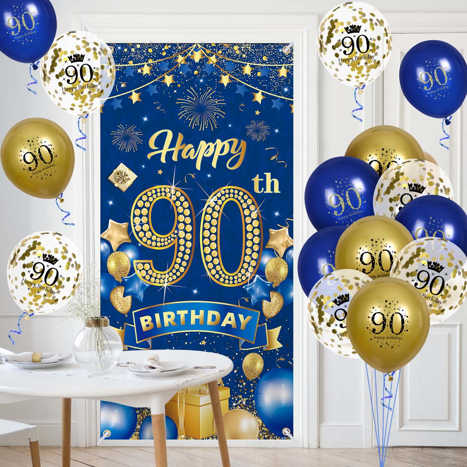 Rumia Navy Blue & Gold 90th Birthday Banner with 18 Balloons Set