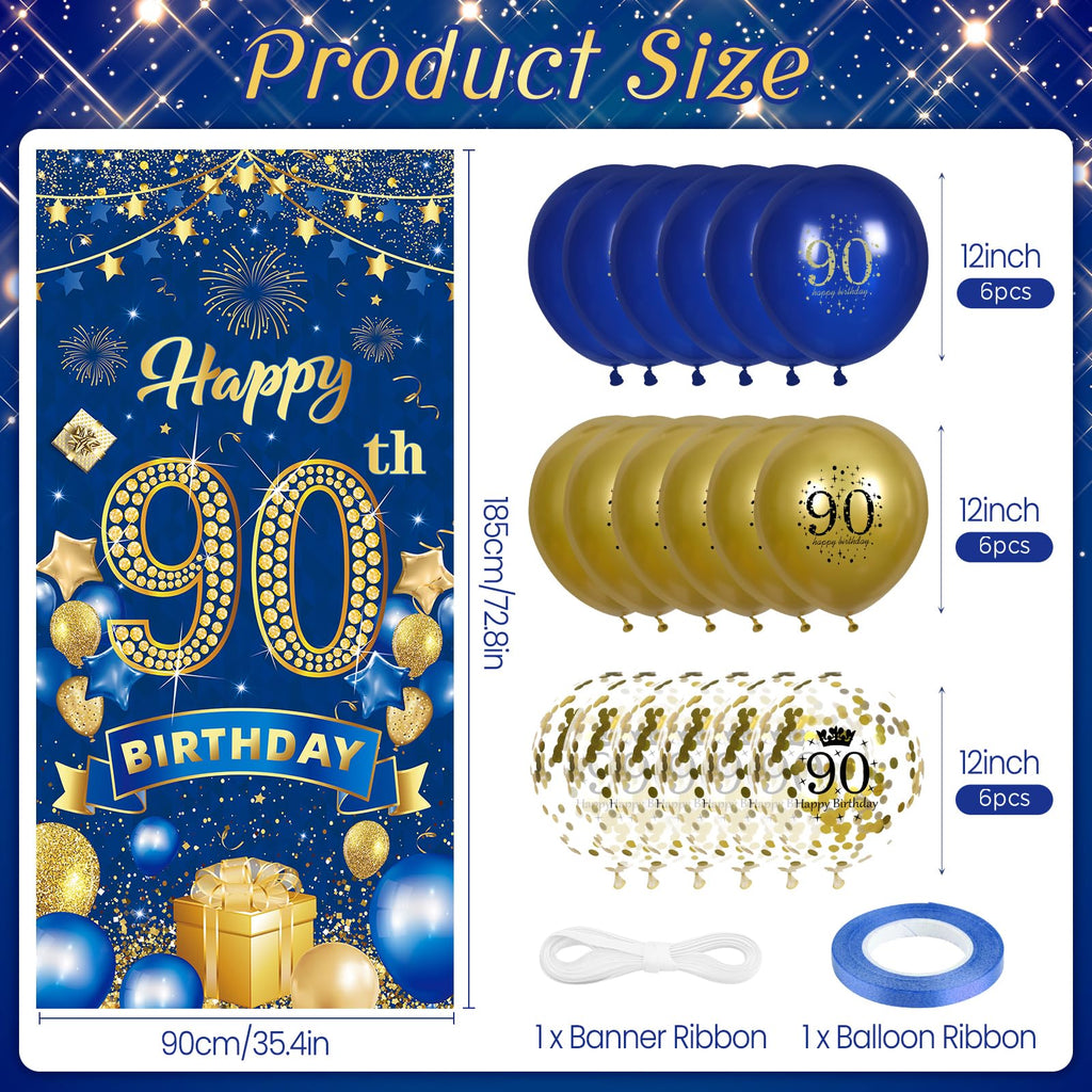 Rumia Navy Blue & Gold 90th Birthday Banner with 18 Balloons Set