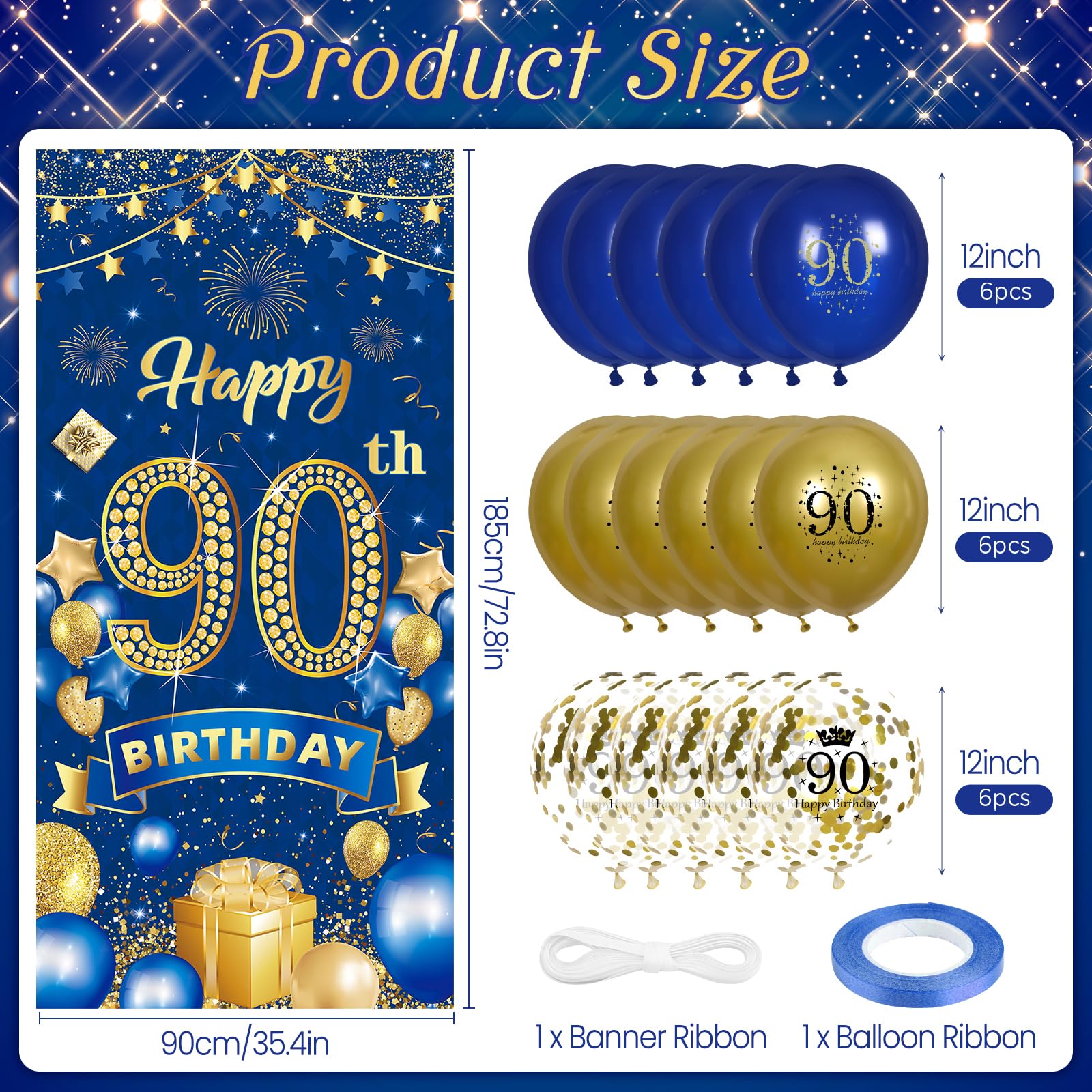 Rumia Navy Blue & Gold 90th Birthday Banner with 18 Balloons Set