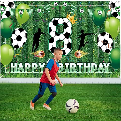 RUMIA Soccer 8th Birthday Banner – Large 70.8x43.3 Inch Sport Themed Party Decoration for Boys