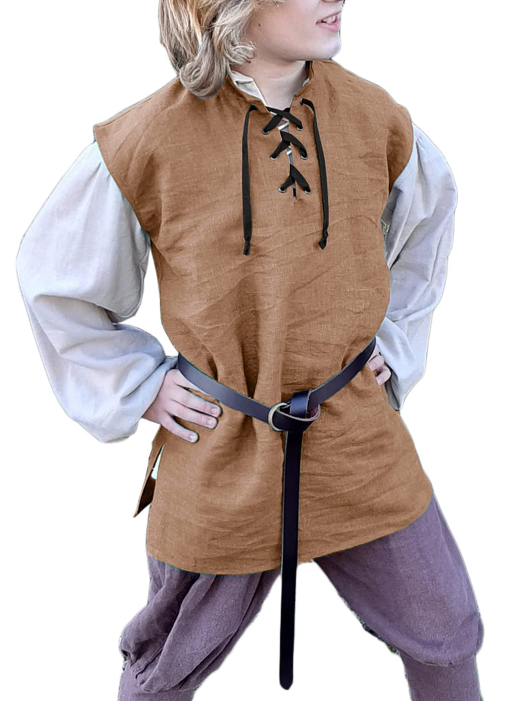 Runcati Boys' Cotton Sleeveless Lace-Up Costume Top for Renaissance, Viking, Pirate or Scottish Dress-Up