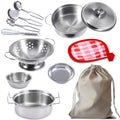 Rupnoflbui Kids Kitchen Pretend Play Set - 11-Piece Stainless Steel Pots and Pans with Utensils for Ages 3+