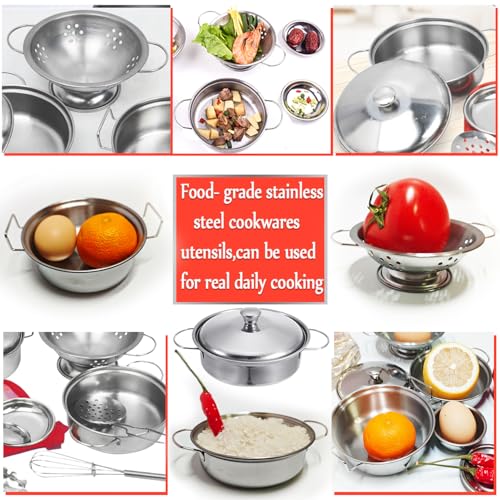 Rupnoflbui Kids Kitchen Pretend Play Set - 11-Piece Stainless Steel Pots and Pans with Utensils for Ages 3+