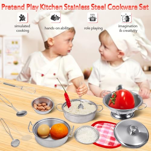 Rupnoflbui Kids Kitchen Pretend Play Set - 11-Piece Stainless Steel Pots and Pans with Utensils for Ages 3+