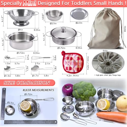 Rupnoflbui Kids Kitchen Pretend Play Set - 11-Piece Stainless Steel Pots and Pans with Utensils for Ages 3+