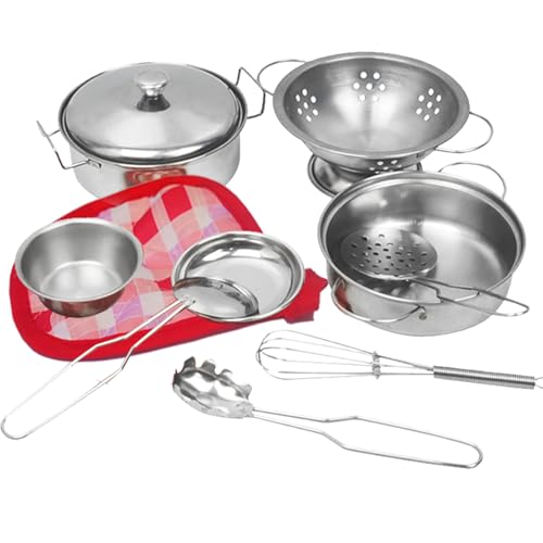 Rupnoflbui Kids Kitchen Pretend Play Set - 11-Piece Stainless Steel Pots and Pans with Utensils for Ages 3+