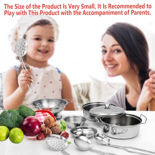 Rupnoflbui Kids Kitchen Pretend Play Set - 11-Piece Stainless Steel Pots and Pans with Utensils for Ages 3+