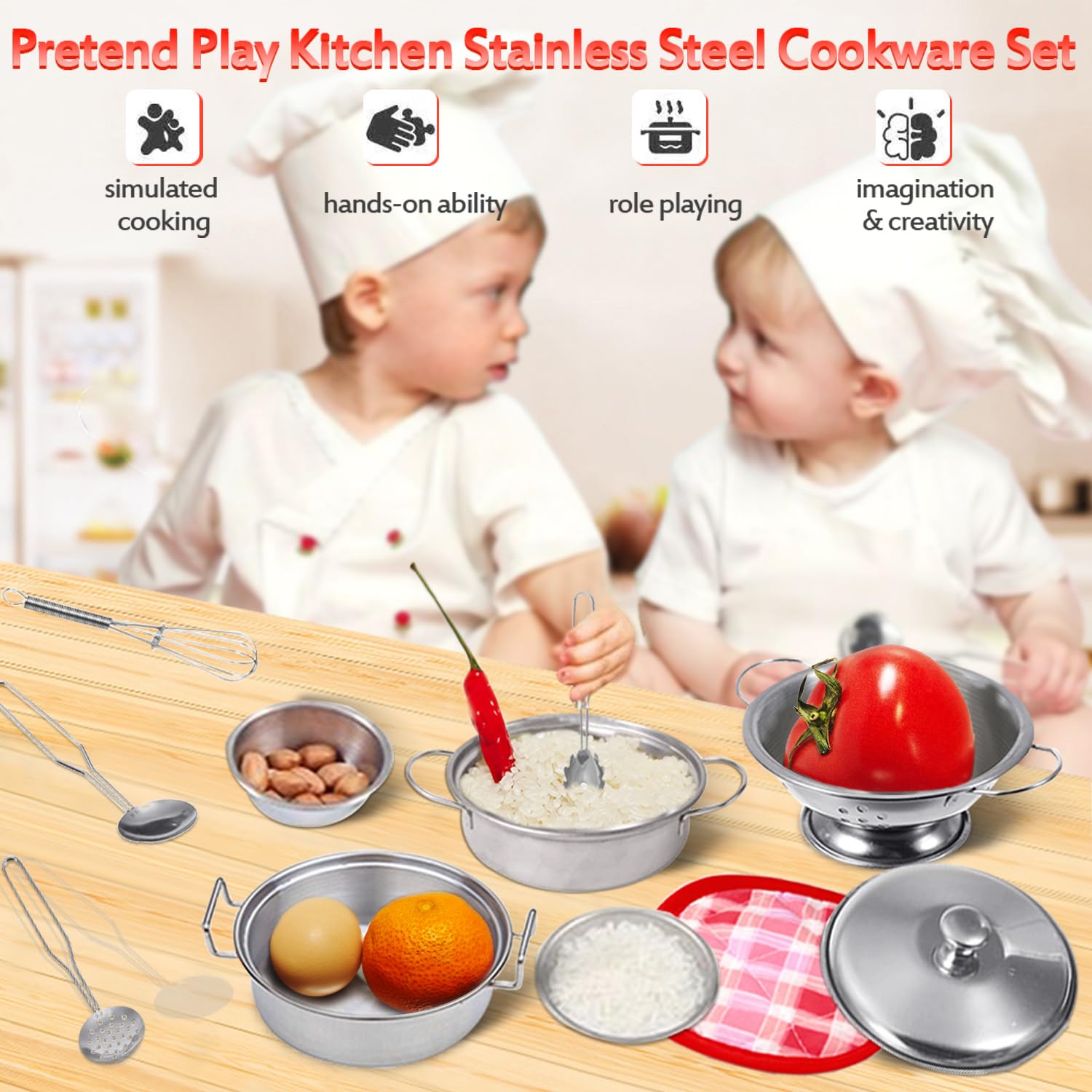 Rupnoflbui Kids Kitchen Pretend Play Set - 11-Piece Stainless Steel Pots and Pans with Utensils for Ages 3+