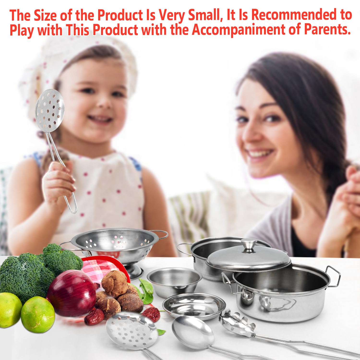 Rupnoflbui Kids Kitchen Pretend Play Set - 11-Piece Stainless Steel Pots and Pans with Utensils for Ages 3+