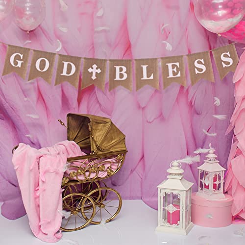 Rustic Burlap Banner with God Bless Design – Baptism Christening Baby Shower Decoration