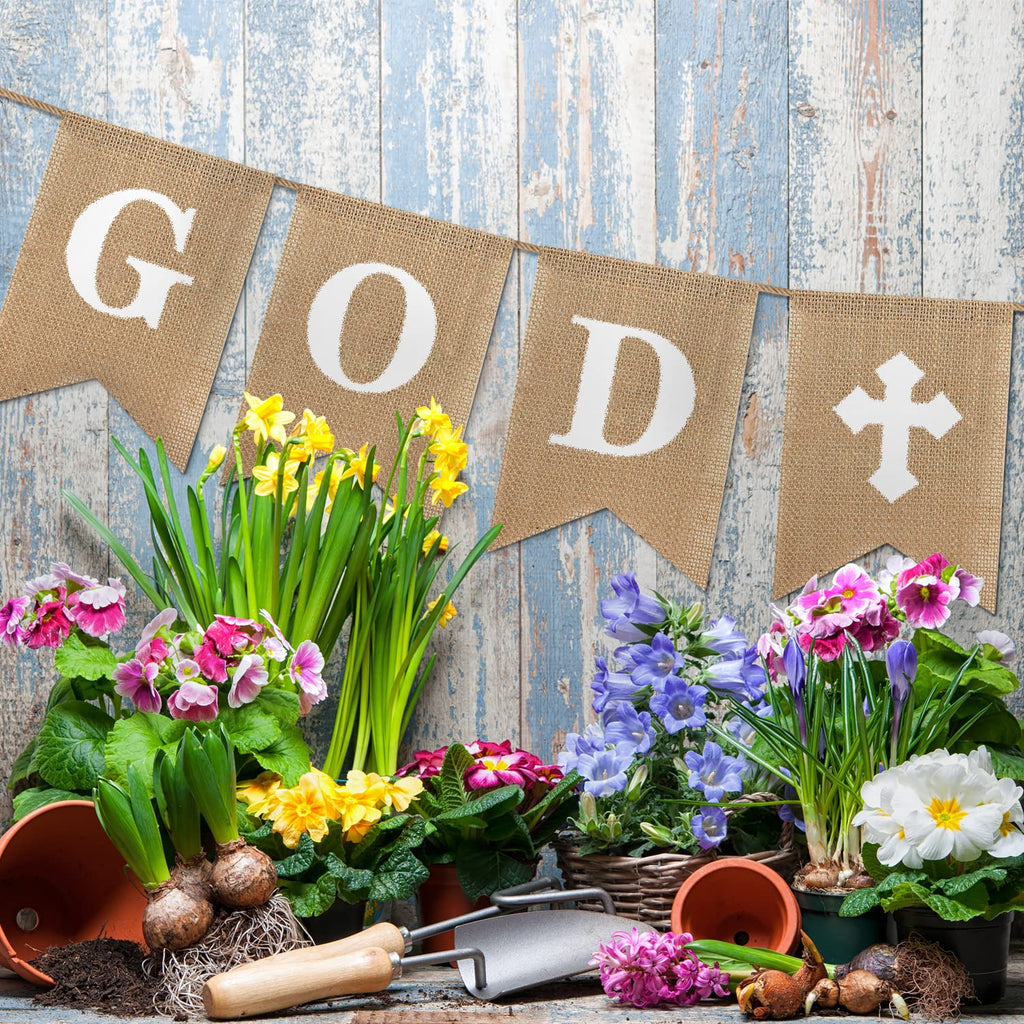 Rustic Burlap Banner with God Bless Design – Baptism Christening Baby Shower Decoration