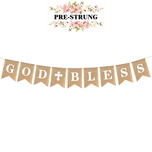 Rustic Burlap Banner with God Bless Design – Baptism Christening Baby Shower Decoration