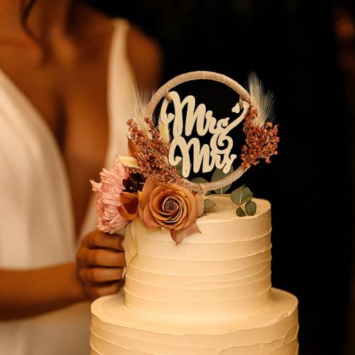 Rustic Mr and Mrs Wedding Cake Topper with Pampas Grass – Wooden Boho Fall Decor by Fiwochic
