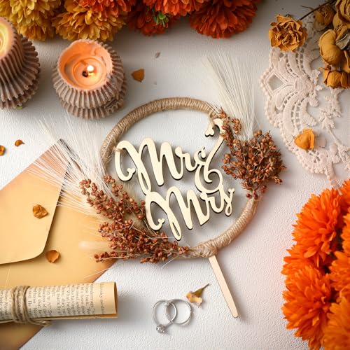 Rustic Mr and Mrs Wedding Cake Topper with Pampas Grass – Wooden Boho Fall Decor by Fiwochic