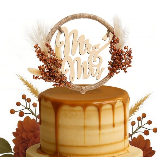 Rustic Mr and Mrs Wedding Cake Topper with Pampas Grass – Wooden Boho Fall Decor by Fiwochic