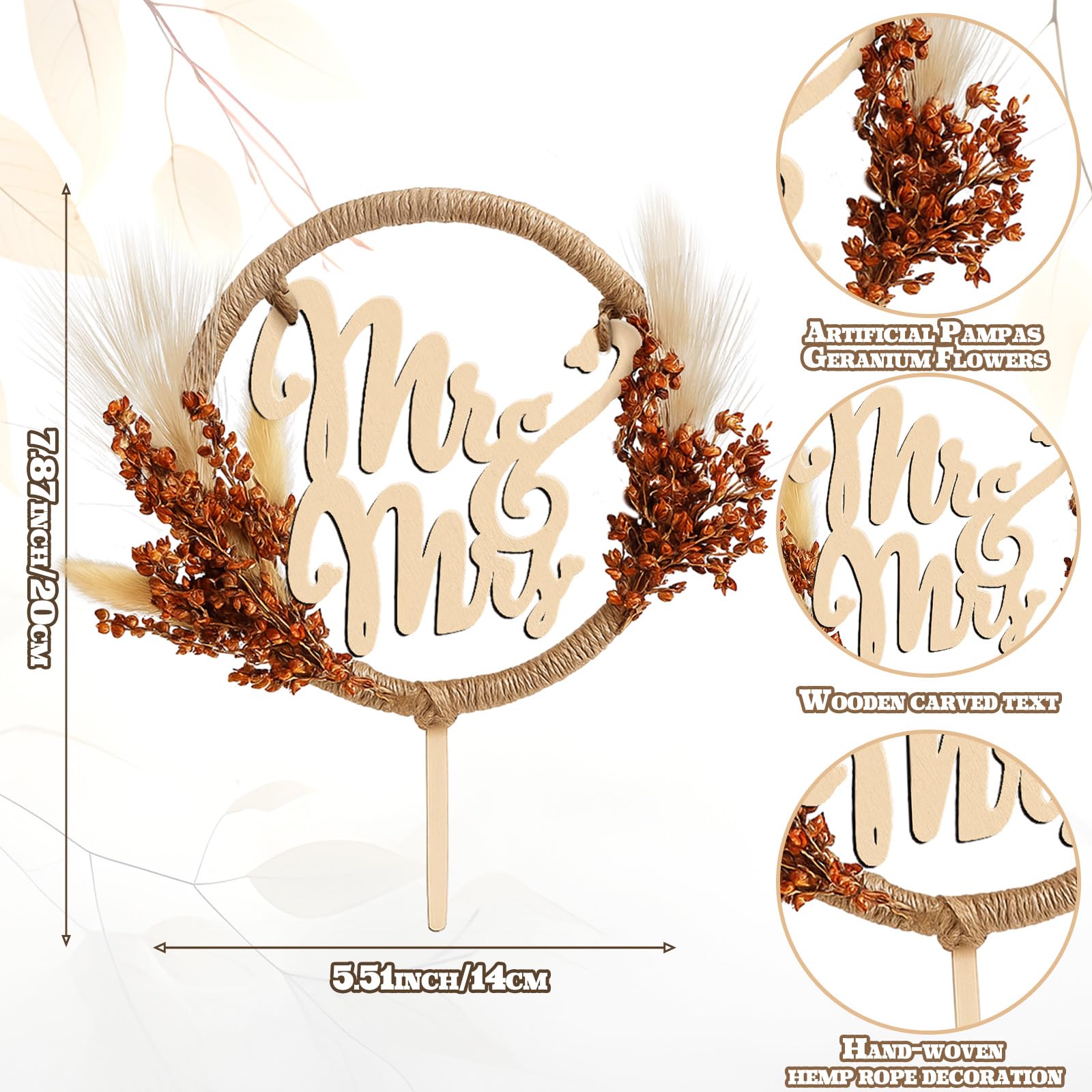 Rustic Mr and Mrs Wedding Cake Topper with Pampas Grass – Wooden Boho Fall Decor by Fiwochic