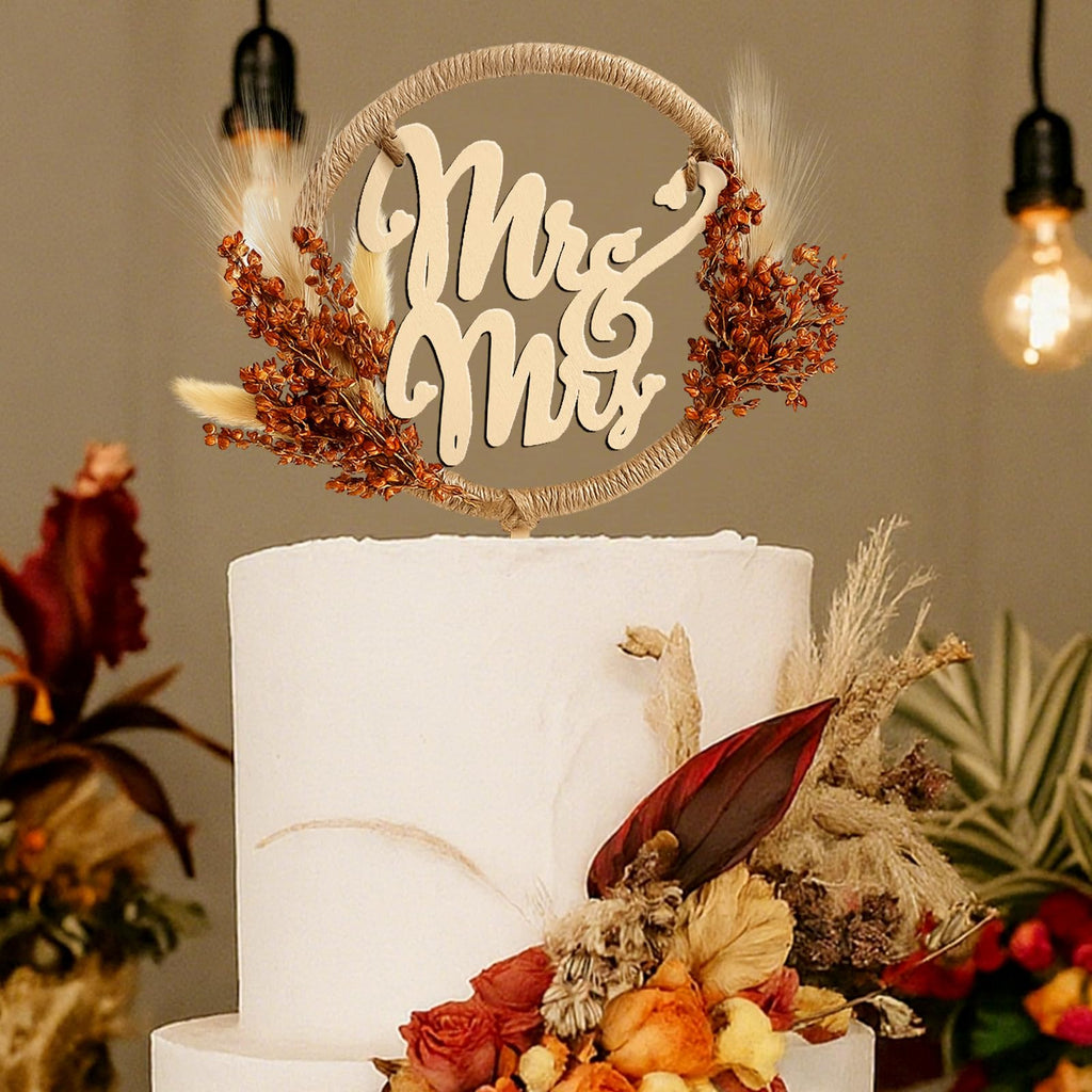 Rustic Mr and Mrs Wedding Cake Topper with Pampas Grass – Wooden Boho Fall Decor by Fiwochic