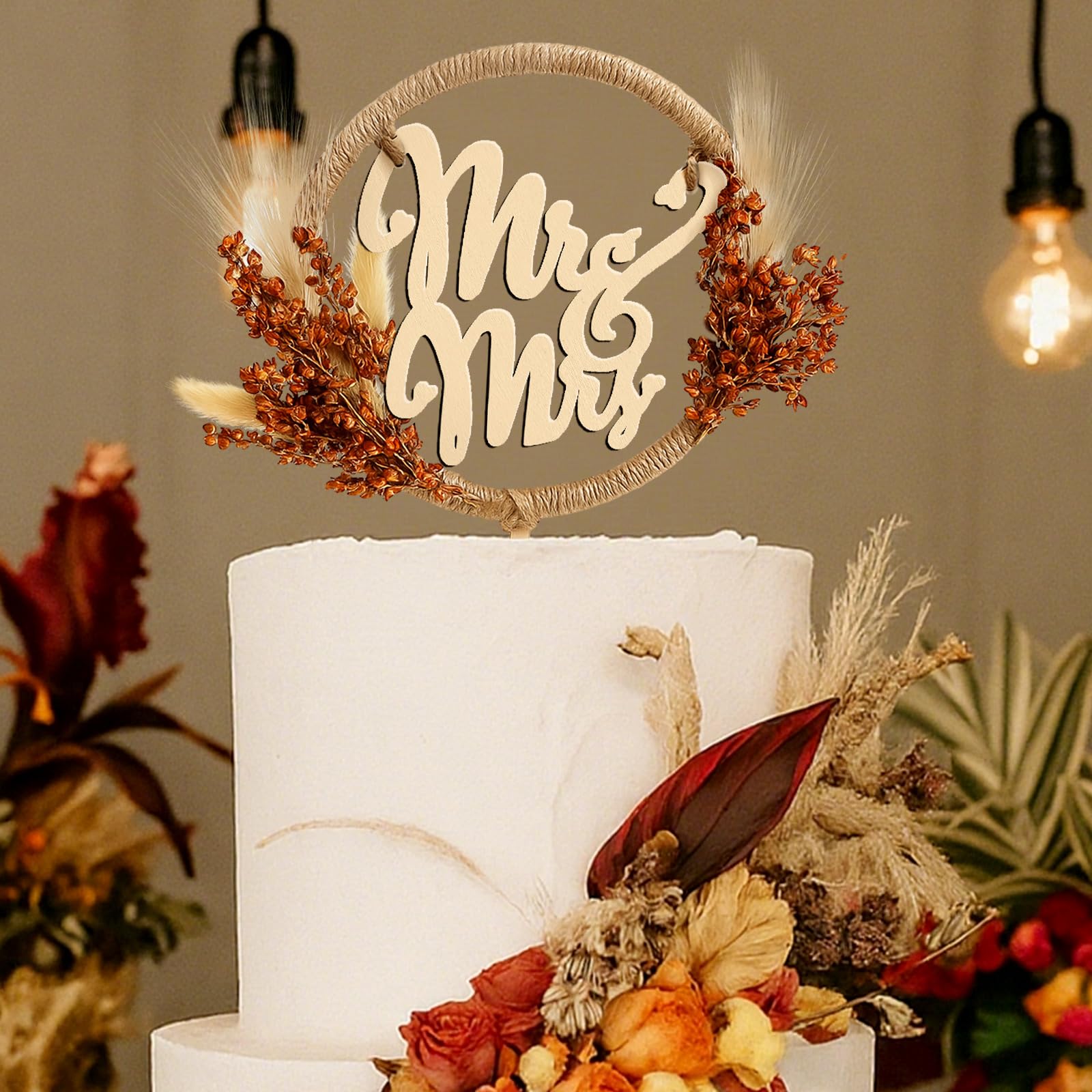 Rustic Mr and Mrs Wedding Cake Topper with Pampas Grass – Wooden Boho Fall Decor by Fiwochic