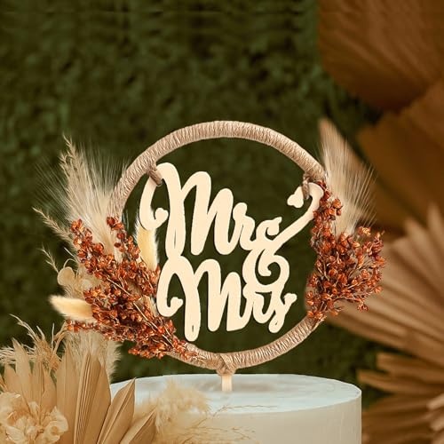 Rustic Mr and Mrs Wedding Cake Topper with Pampas Grass – Wooden Boho Fall Decor by Fiwochic