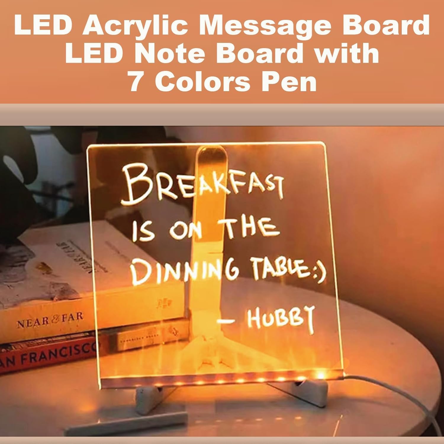 RWSEFK Illuminated Acrylic Dry Erase Board – 5.9x5.9in LED Note Board with 7 Colored Pens and Adjustable Stand