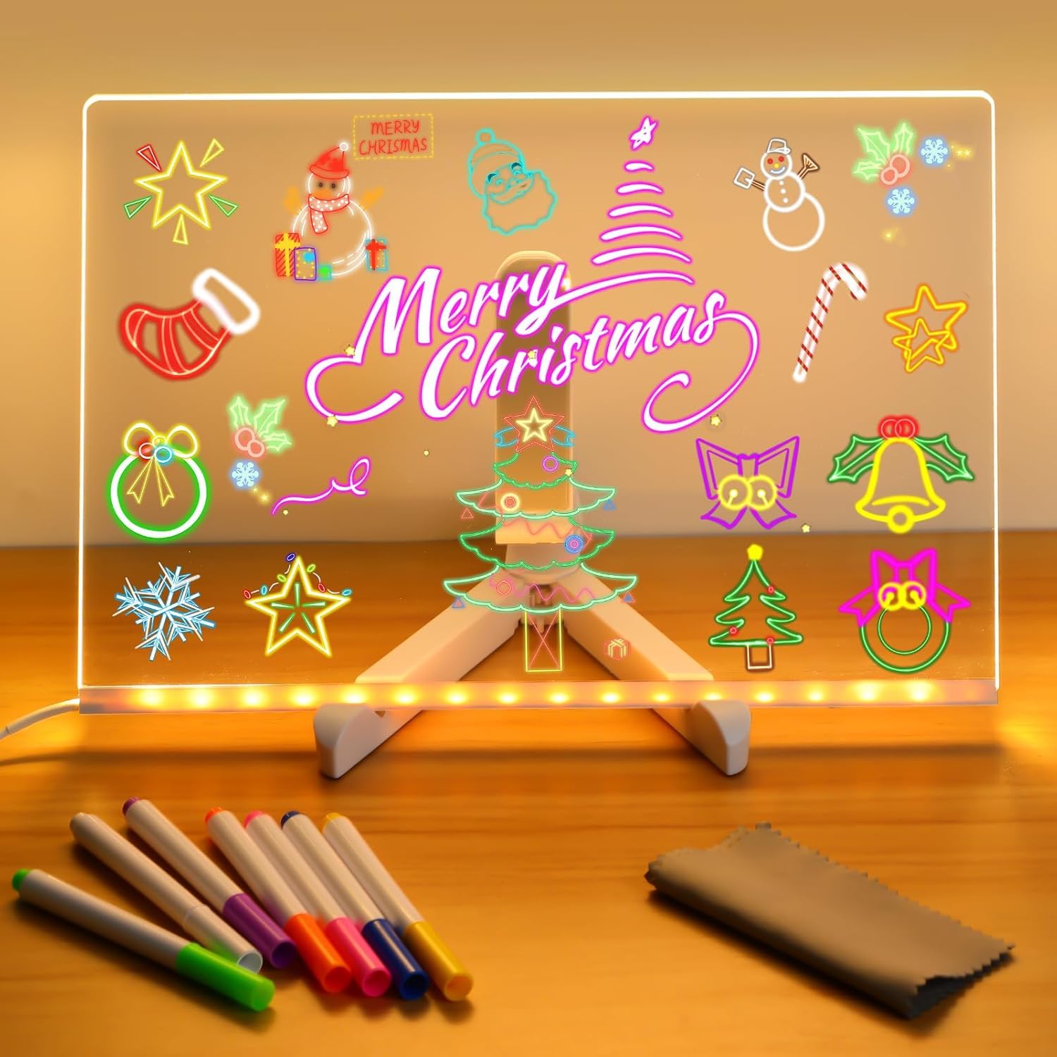 RWSEFK LED Note Board 7.9x7.9in - Lighted Acrylic Dry Erase Message Board with 7 Pens and Adjustable Stand