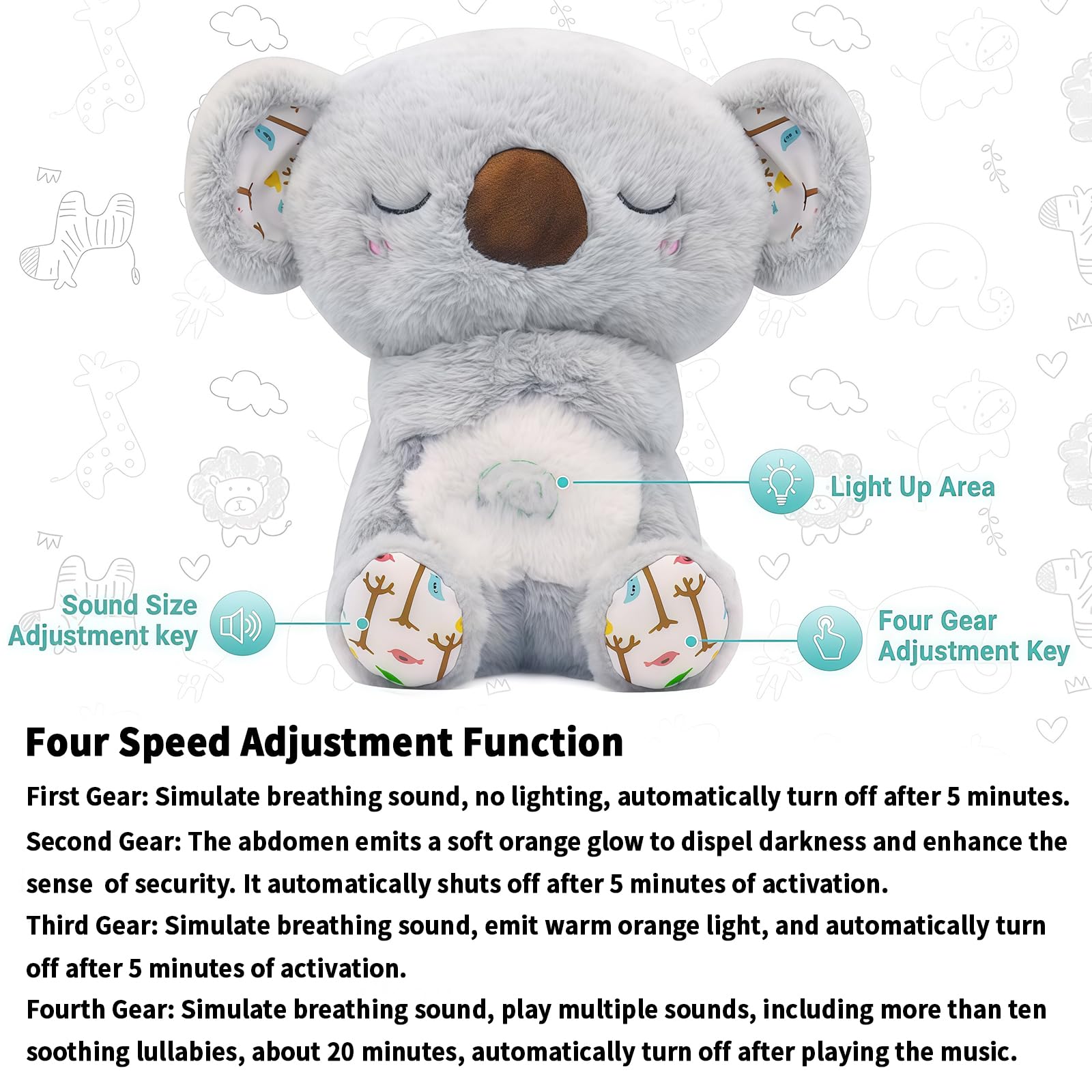 rytopt Breathing Stuffed Animal Koala – Simulated Breathing, 4 Speeds, Volume Control, Music & Light, Soft Plush Toy, 9.4 Inches