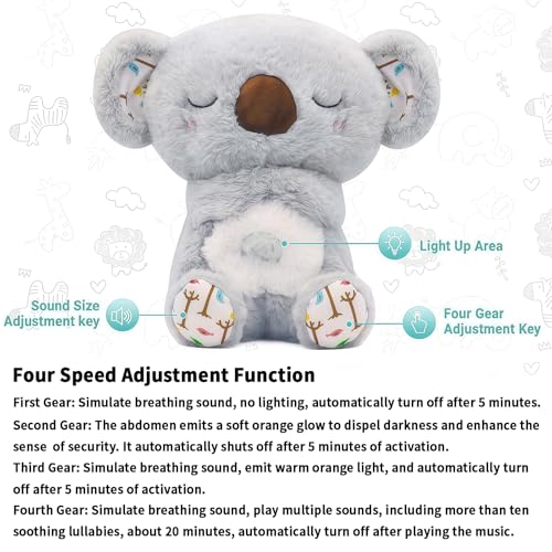rytopt Breathing Stuffed Animal Koala – Simulated Breathing, 4 Speeds, Volume Control, Music & Light, Soft Plush Toy, 9.4 Inches