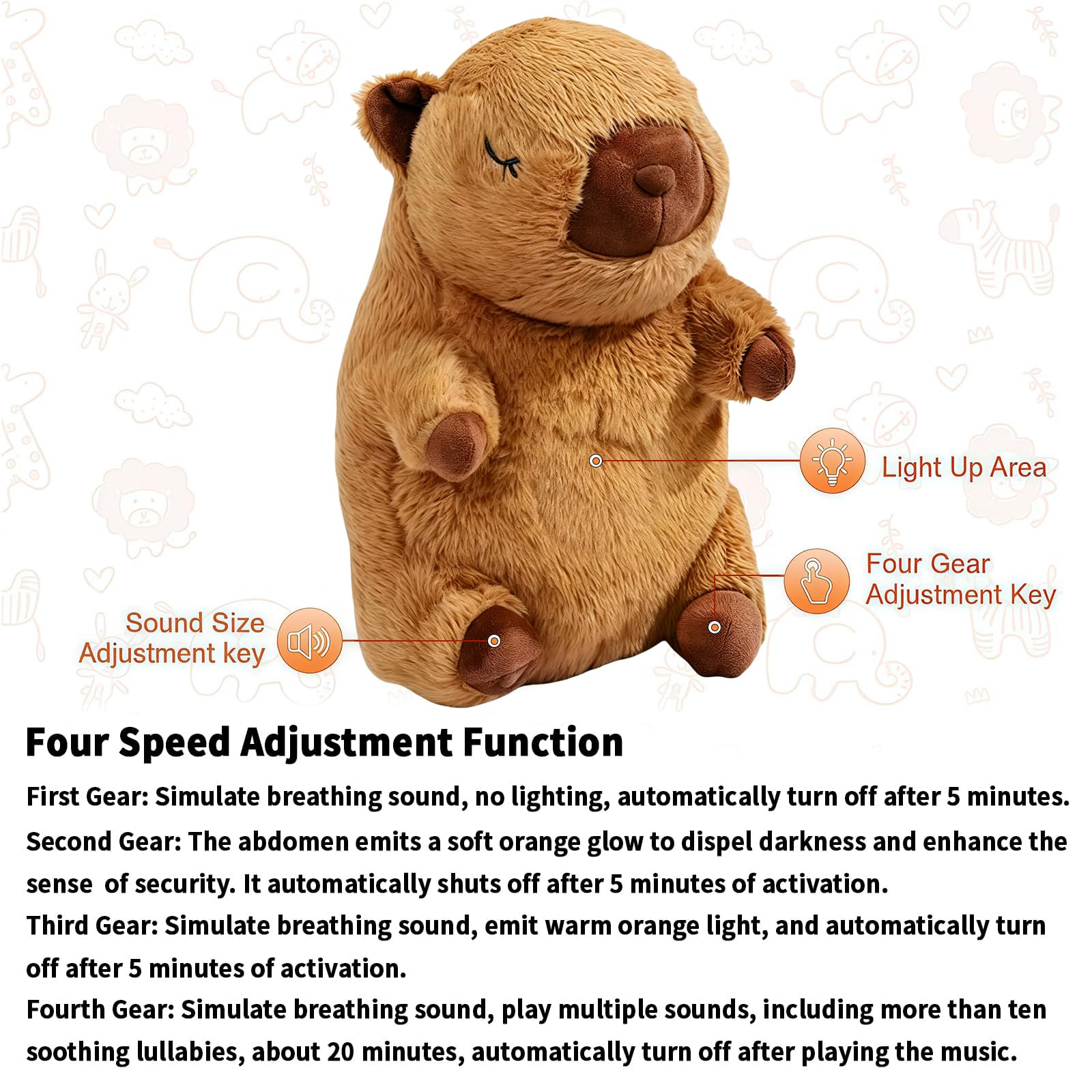 rytopt Breathing Stuffed Animal with Simulated Breathing Sounds, 4 Speeds, Volume Control, Music & Lights - 9.06 Inch Portable Plush Toy